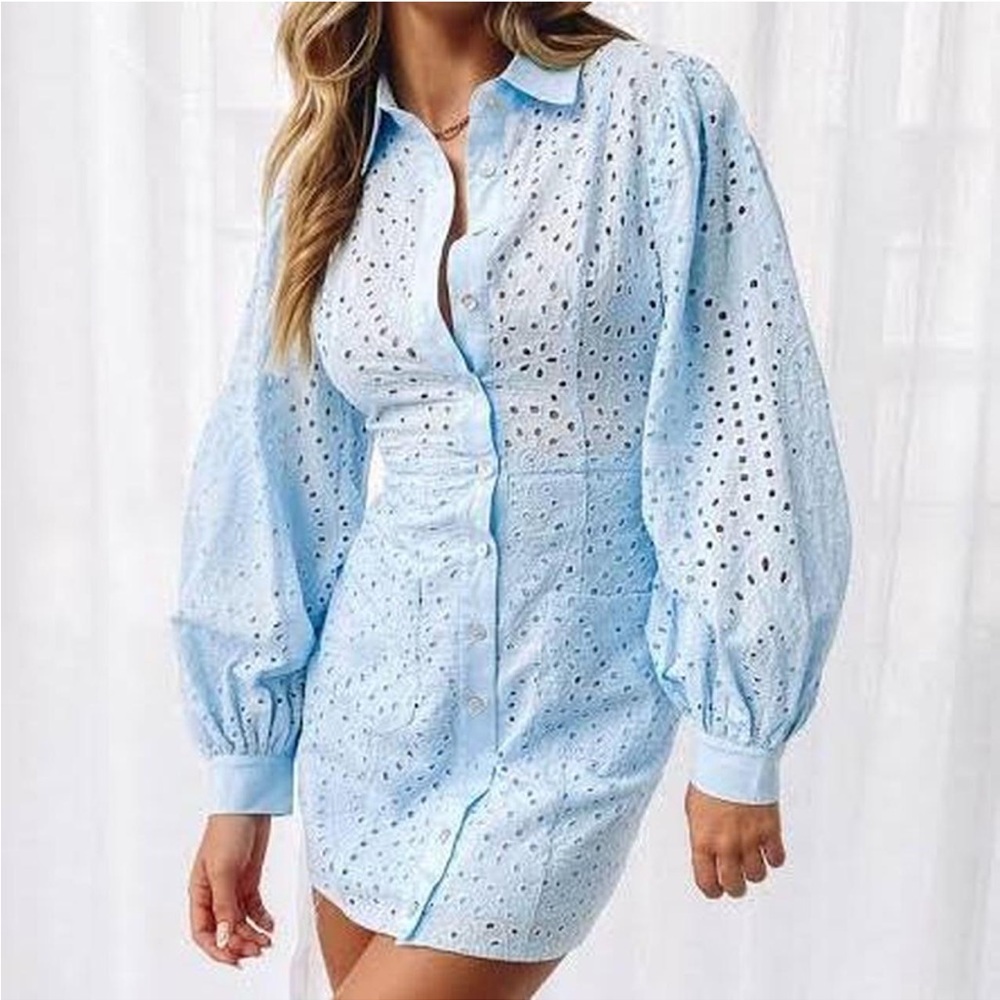 Light Blue Eyelet Button-Up Dress